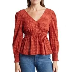 Madewell Tie Back Peplum Top size XL Campden Daisies Red Brick Long Sleeve NWT